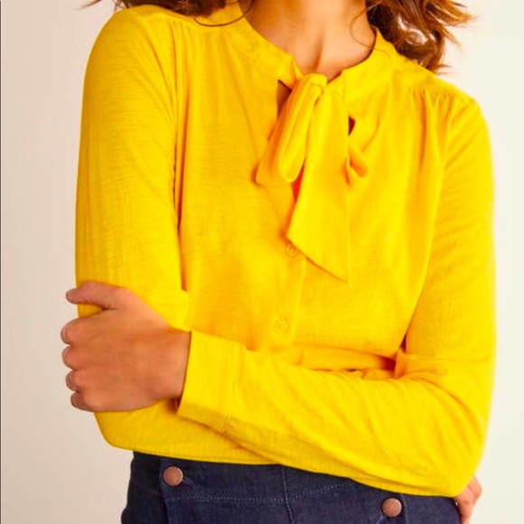 Boden Rachel Tie Neck Button-up Jersey Shirt Maize Yellow - Size US 16 - Picture 2 of 12